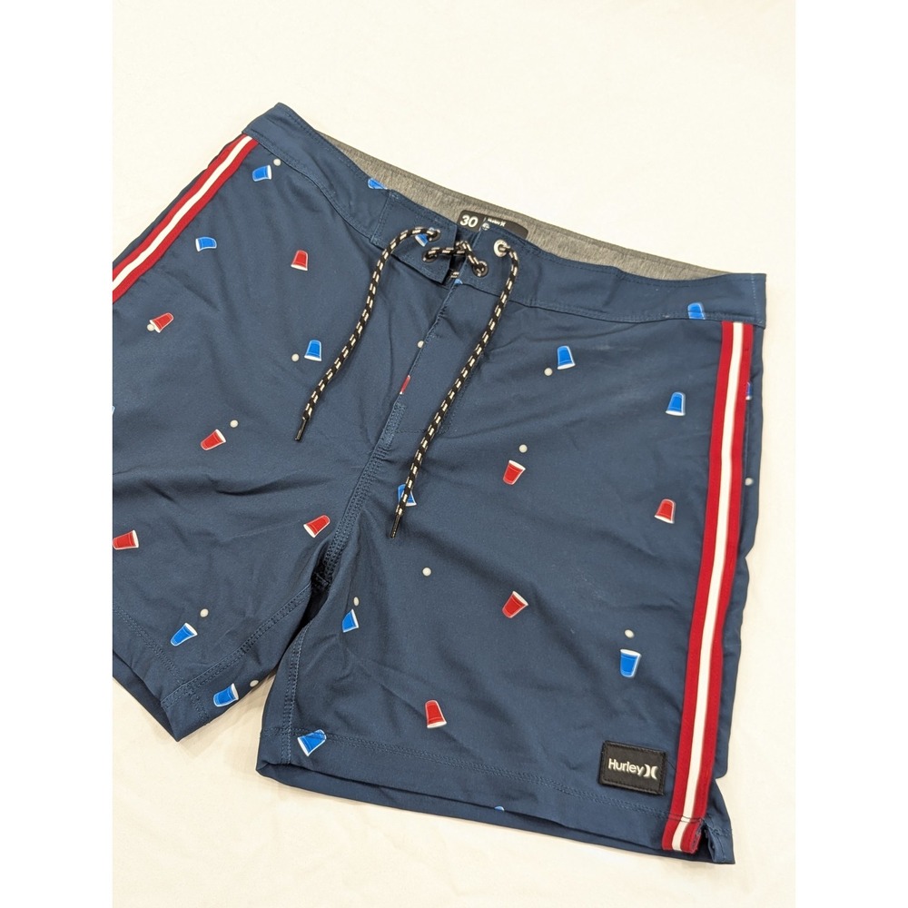Hurley Phantom Unlined 5in Inseam Swim Trunks Excellent  Beer Pong Print Blue 30
